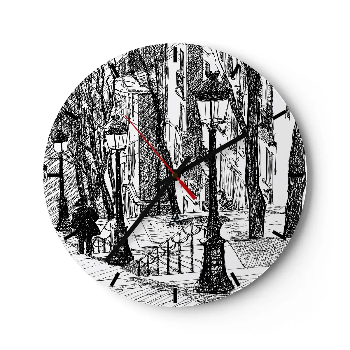 Nástenné hodiny - Čiernobiela kresba ulice s lampášmi a kráčajúcou postavou. - 30x30cm - Milostný príbeh alebo horor? - Moderná nástenná dekorácia do obývacej izby, kuchyne a spálne ARTTOR