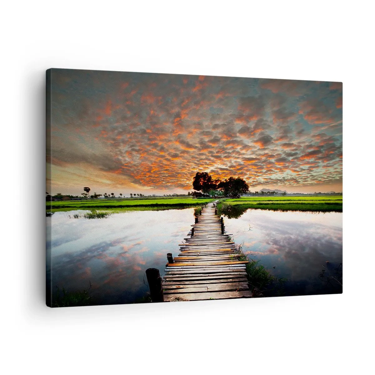Obraz na plátne - Drevený most cez vodu pri západe slnka - 70x50cm - Roztiahnite ruky - dýchajte  - Moderná nástenná dekorácia do obývacej izby a spálne ARTTOR