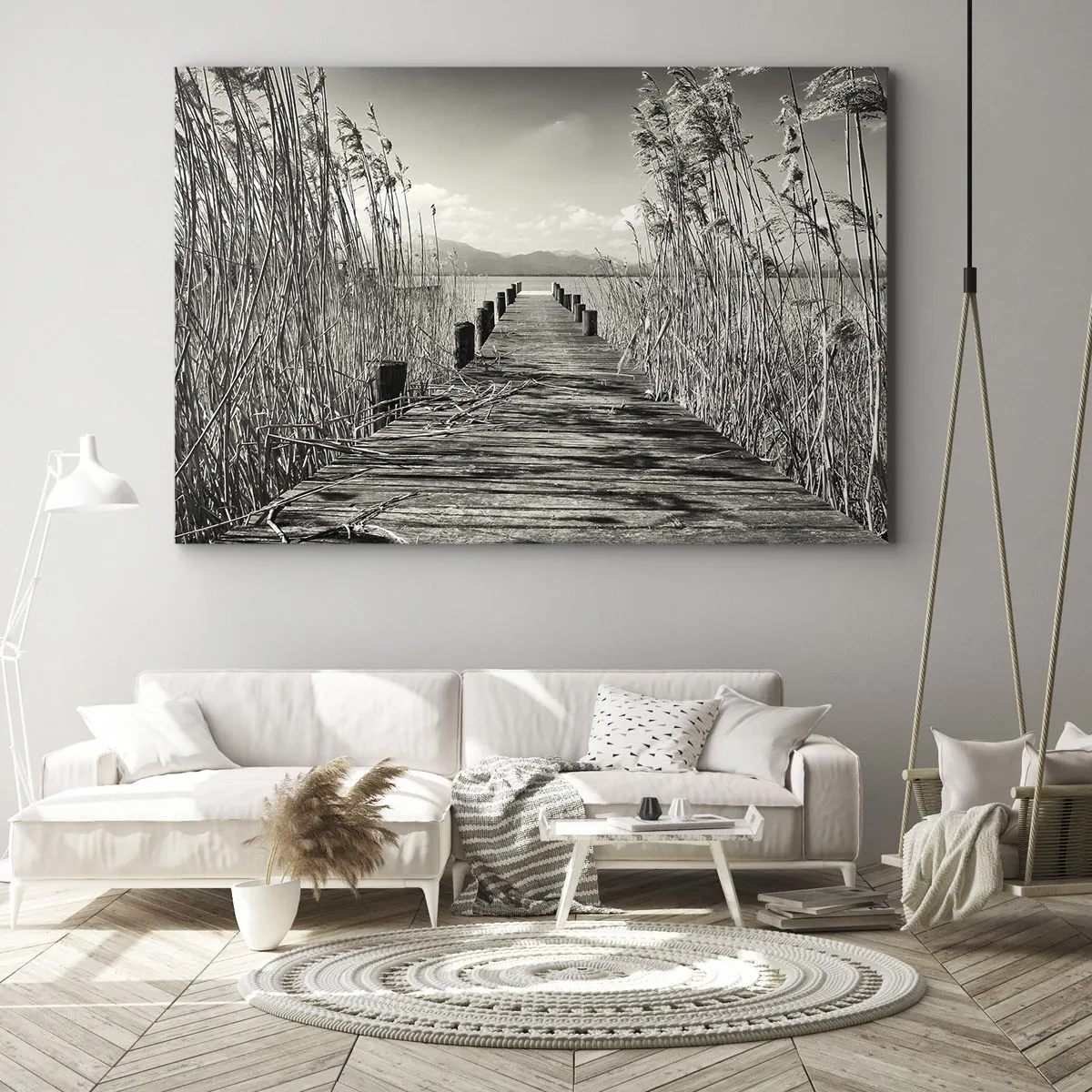 Obraz na plátne - Drevené mólo medzi vysokými trávami nad sépiovo farbeným jazerom - 70x50cm - V ústraní tráv - Moderná nástenná dekorácia do obývacej izby a spálne ARTTOR