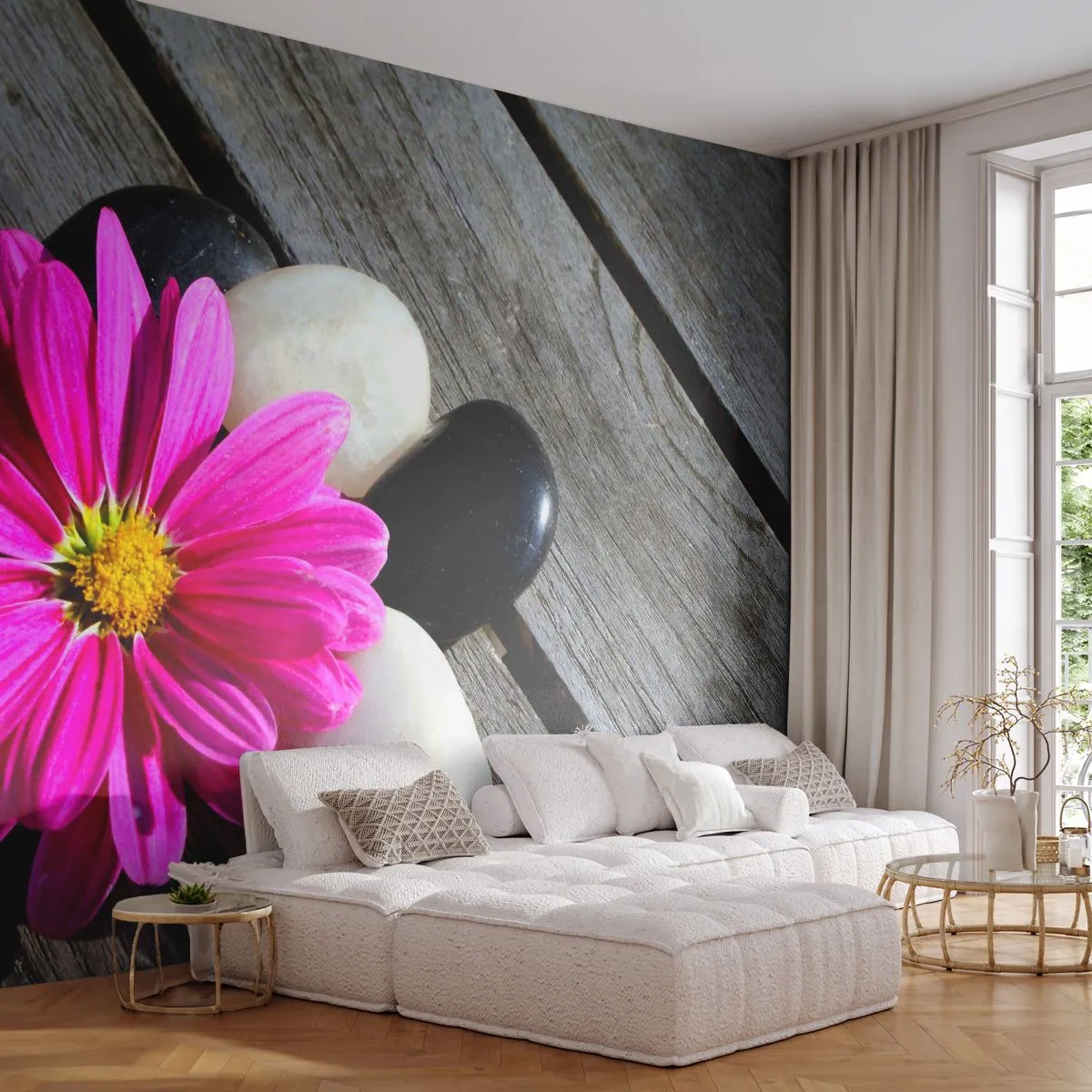 Samolepiaca Fototapeta Deluxe Sticker - Odpočinok na móle - Kvetina, Kamene, Drevený most - 250x175 cm