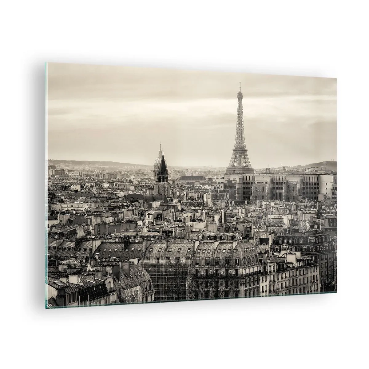 Obraz na skle - Panoráma Paríža s výhľadom na Eiffelovu vežu v sépiových tónoch - 70x50cm - Nad strechami Paríža - Moderná nástenná dekorácia do obývacej izby a spálne ARTTOR