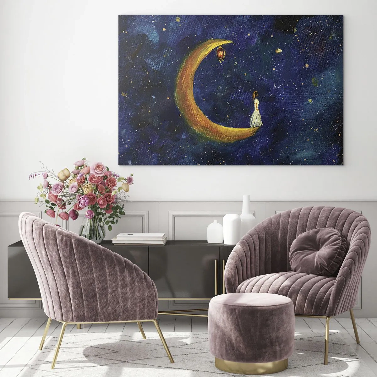 Obraz na skle - Postava na Mesiaci na nočnej oblohe - 70x50cm - Volanie sveta - Moderná nástenná dekorácia do obývacej izby a spálne ARTTOR