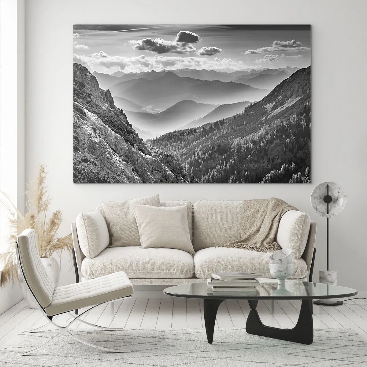 Obraz na skle - Čiernobiela horská panoráma s výhľadom na údolie - 70x50cm - Až k horizontu - Moderná nástenná dekorácia do obývacej izby a spálne ARTTOR