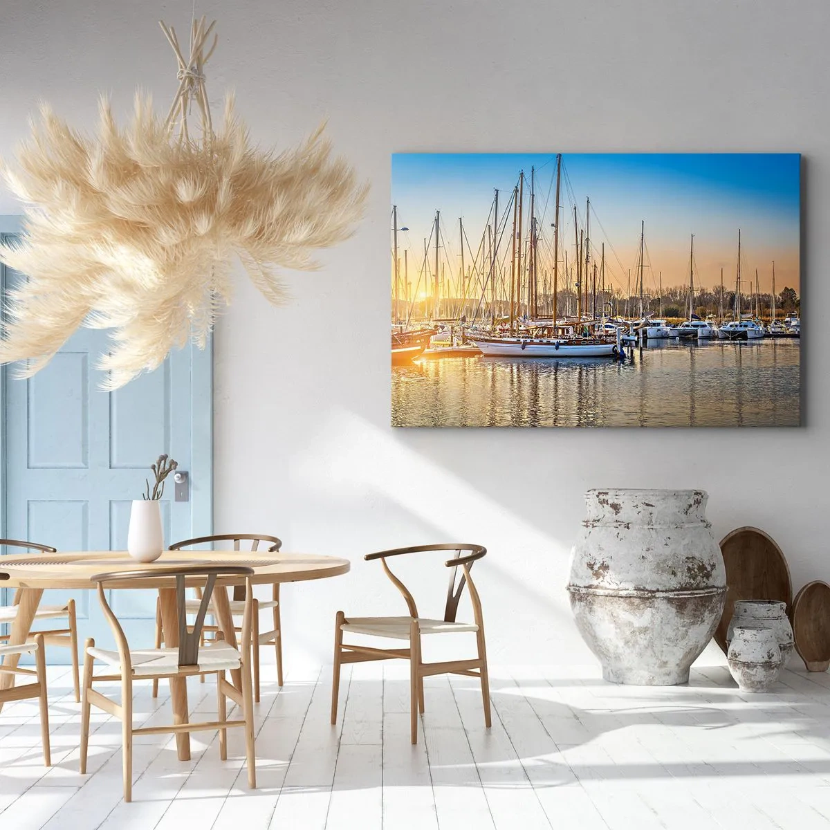 Obraz na plátne - Západ slnka nad prístavom plným plachetníc - 70x50cm - Vietor tiež musí spať - Moderná nástenná dekorácia do obývacej izby a spálne ARTTOR