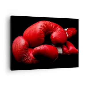 Obraz na plátne - Červené boxerské rukavice na čiernom pozadí - 70x50cm - Emócie boja za nami - Moderná nástenná dekorácia do obývacej izby a spálne ARTTOR