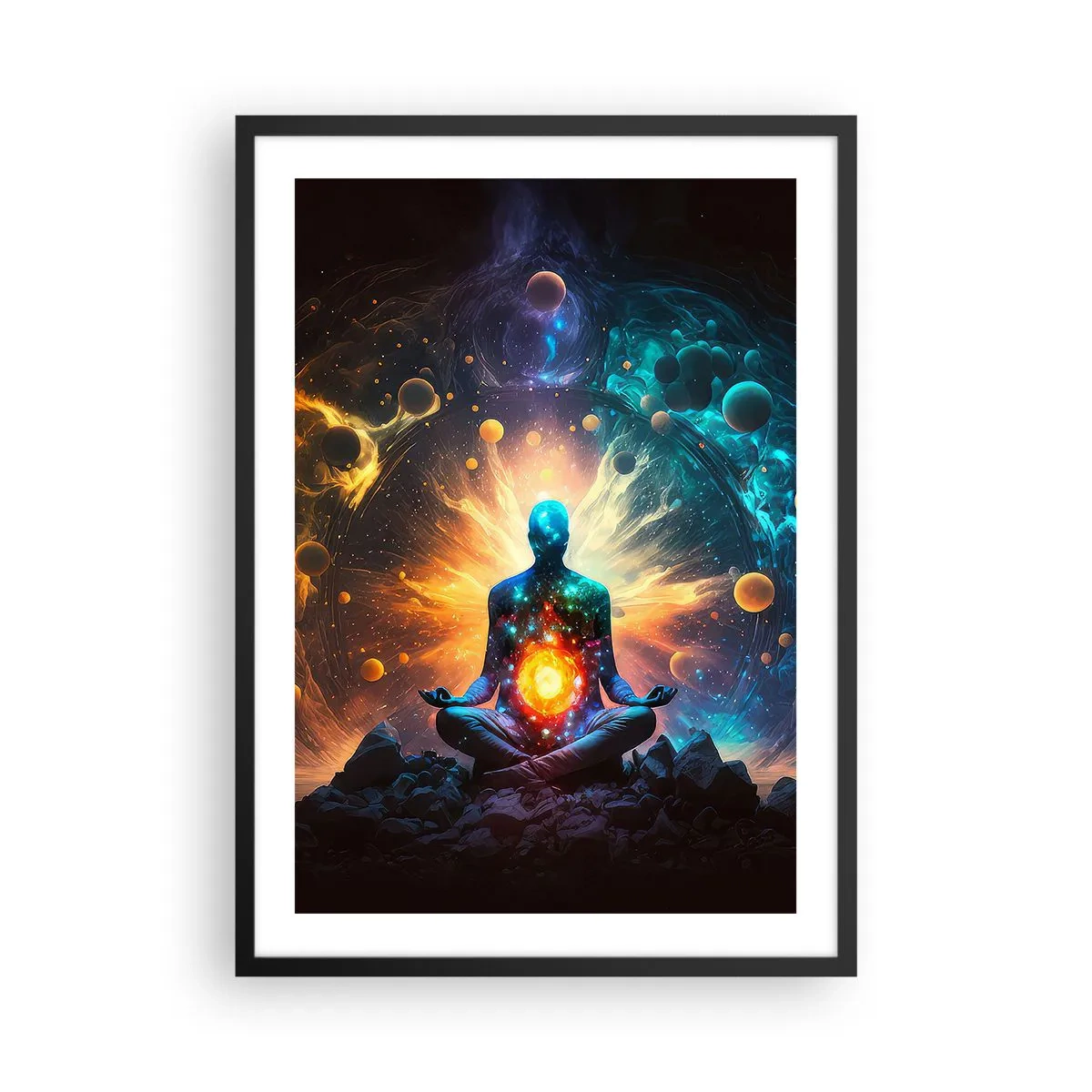 Plagát v čiernom ráme - Meditujúca postava v kozmickej aure plnej energie - 50x70cm - Vesmírny pokoj - Moderná nástenná dekorácia do obývacej izby a spálne ARTTOR