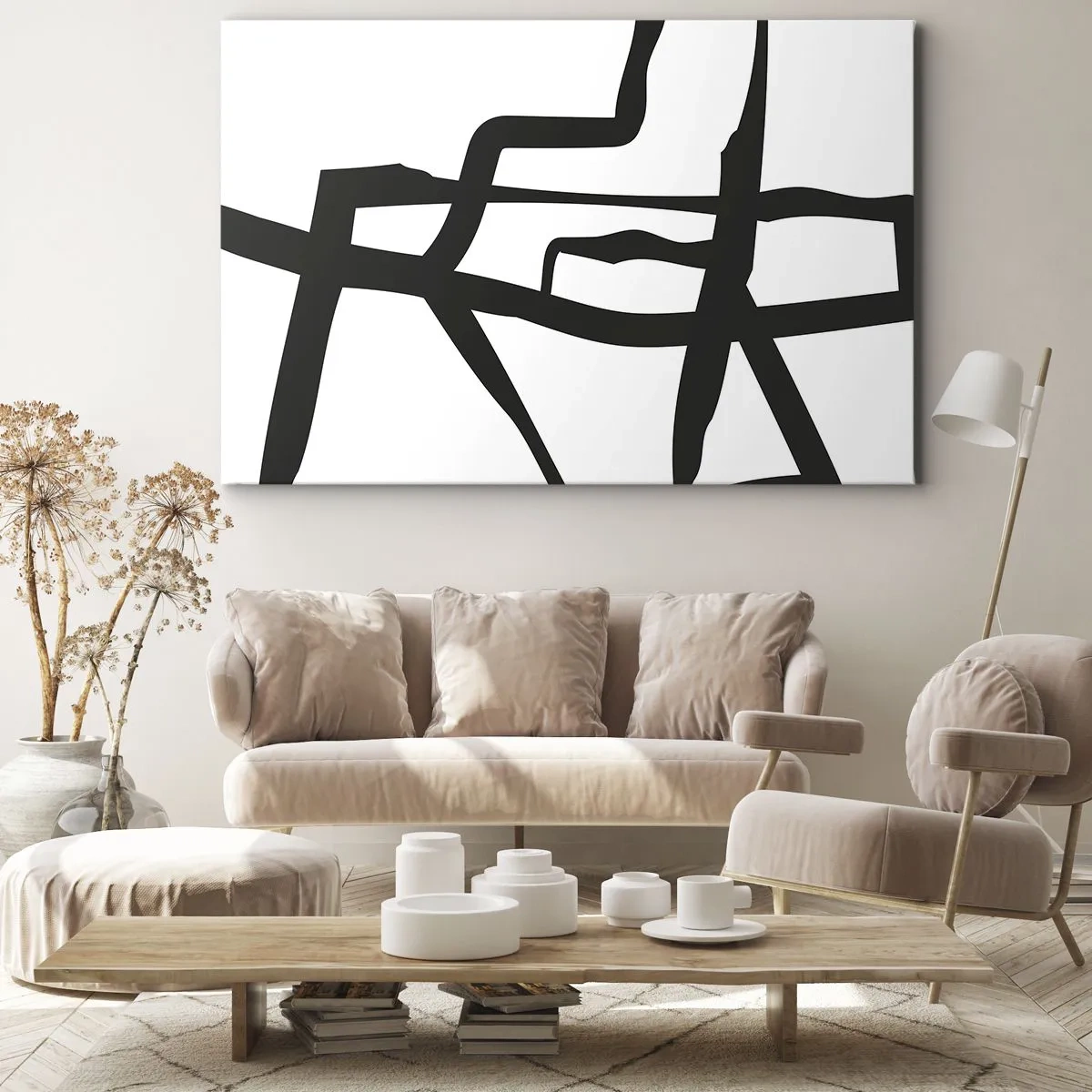 Obraz na plátne - Minimalistický čiernobiely vzor s geometrickými čiarami - 70x50cm - Čiernobiela konštrukcia - Moderná nástenná dekorácia do obývacej izby a spálne ARTTOR
