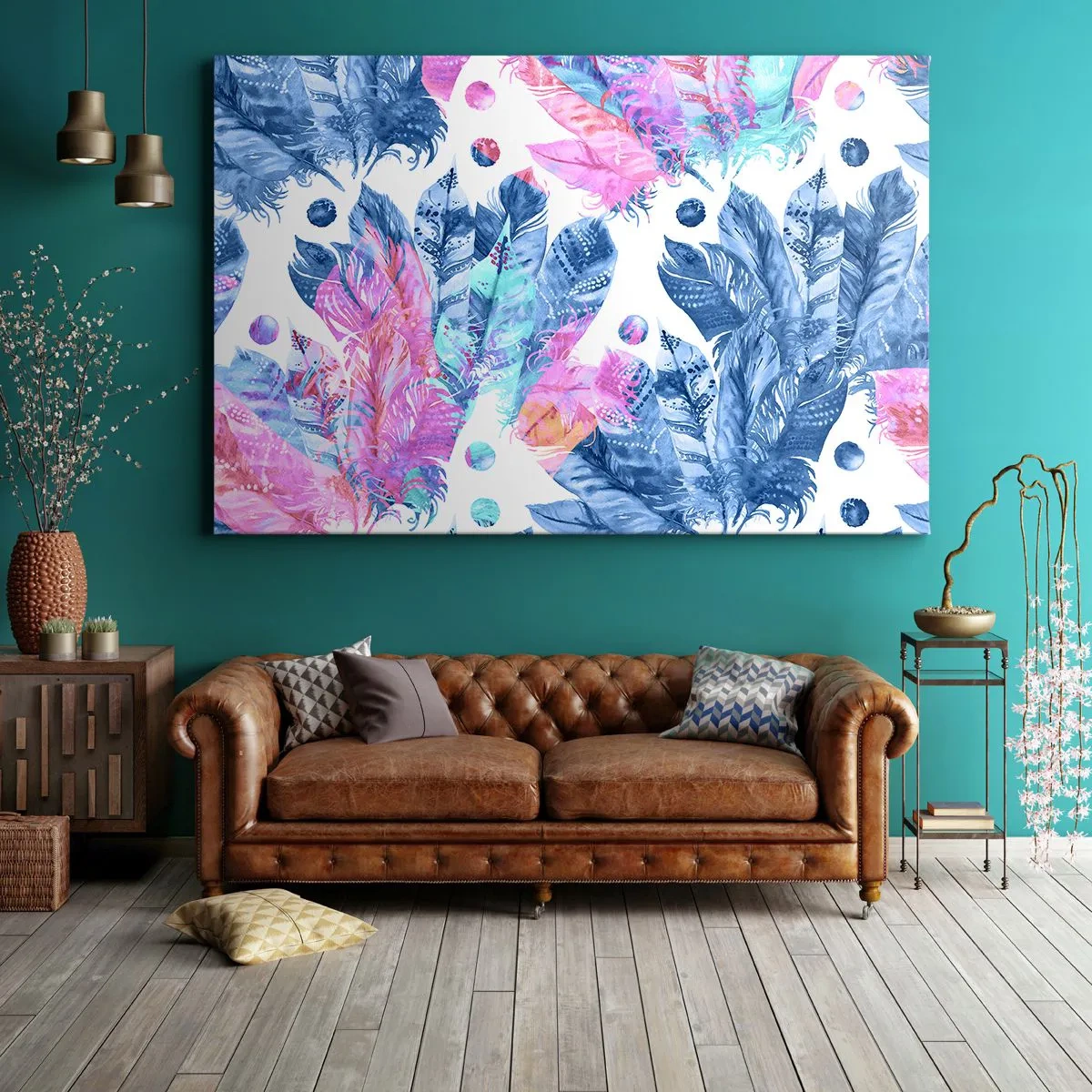Obraz na plátne - Abstraktný vzor s farebným perím v pastelových odtieňoch - 70x50cm - Chocholy v ružovej a blankytnej - Moderná nástenná dekorácia do obývacej izby a spálne ARTTOR