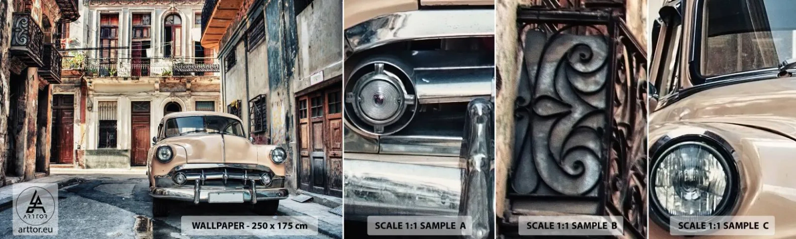 Vzorka samolepiacej fototapety Deluxe Sticker - Siesta v Havane - Vintage auto, Architektúra, Mesto - 100x30 cm