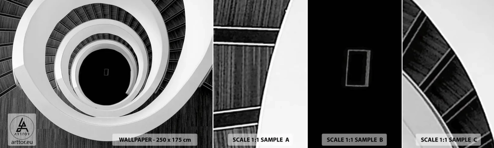 Vzorka samolepiacej fototapety Deluxe Sticker - K podstate vecí - Kus, Abstrakcia, Točité schodisko - 100x30 cm