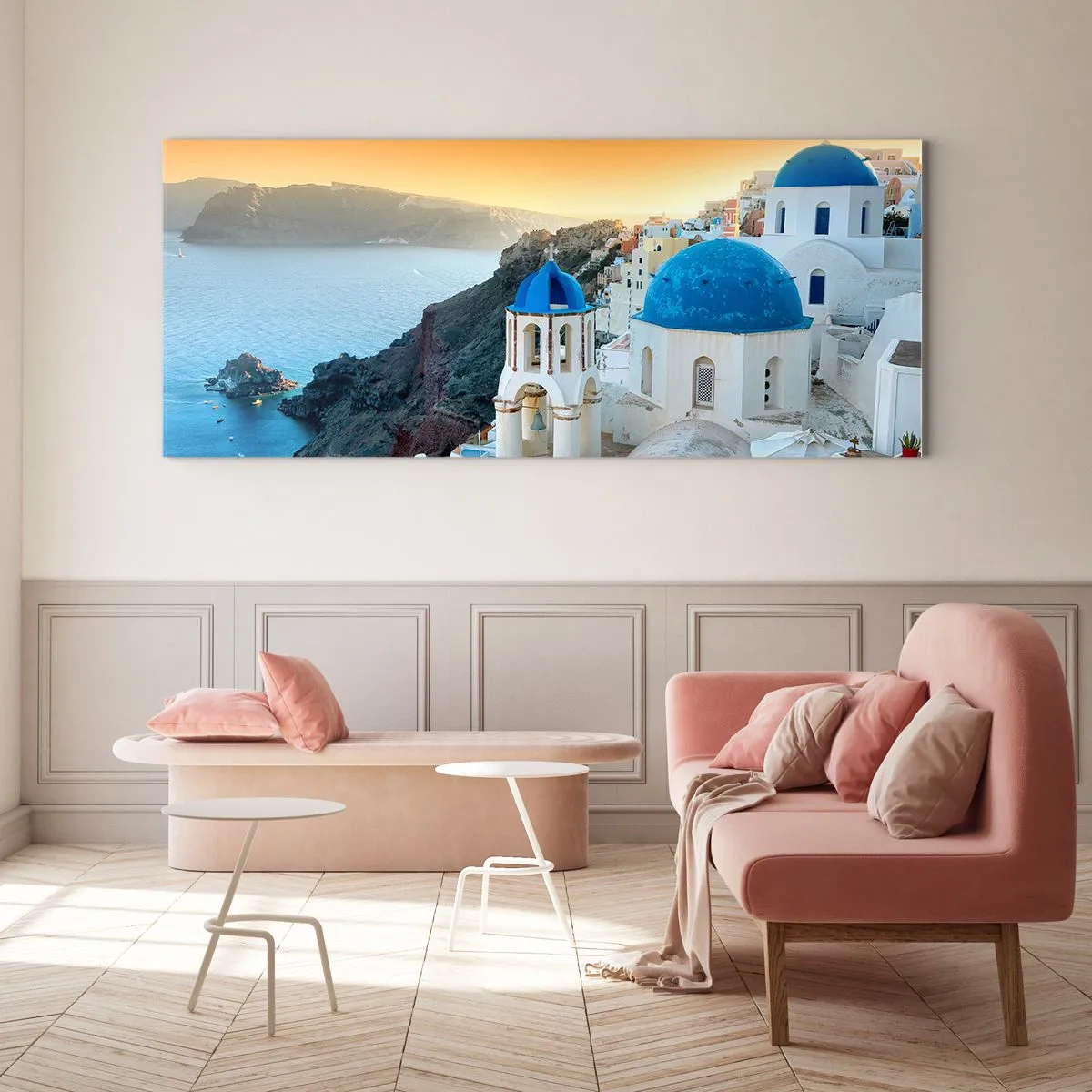 Obraz na skle - Santorini - v náruči skál - 100x40 cm