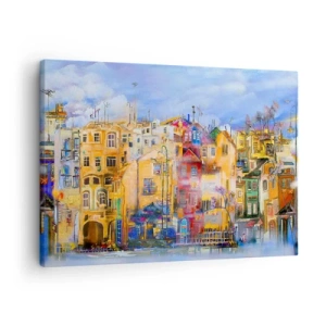 Obraz na plátne - Farebné mestské budovy v umeleckom štýle - 70x50cm - Sme spolu - Moderná nástenná dekorácia do obývacej izby a spálne ARTTOR