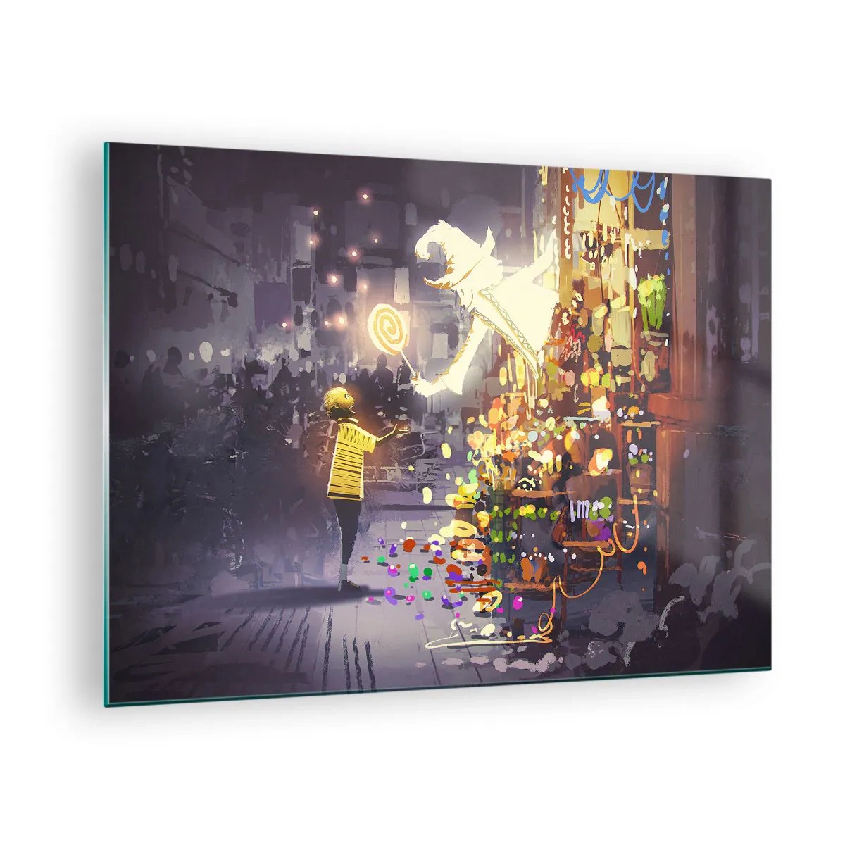 Obraz na skle - Dieťa v ľahkom tričku pri jasnom stánku plnom farebných sladkostí - 70x50cm - Kúzla existujú - Moderná nástenná dekorácia do obývacej izby a spálne ARTTOR