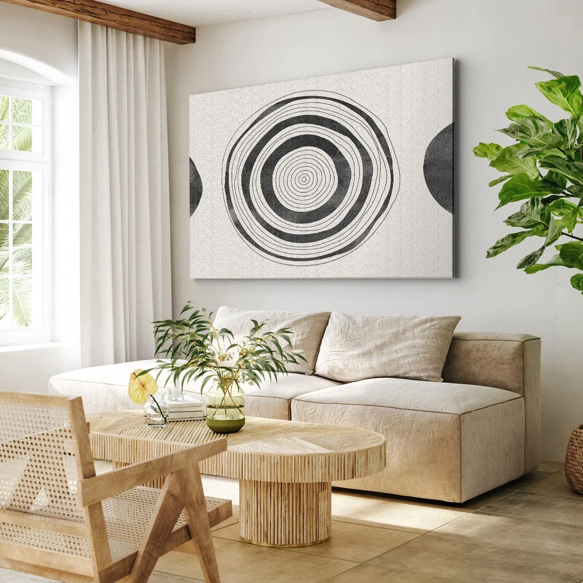 Obraz na plátne - Minimalistické čiernobiele kruhy na svetlom pozadí - 70x50cm - Dôležité je to, čo je uprostred - Moderná nástenná dekorácia do obývacej izby a spálne ARTTOR