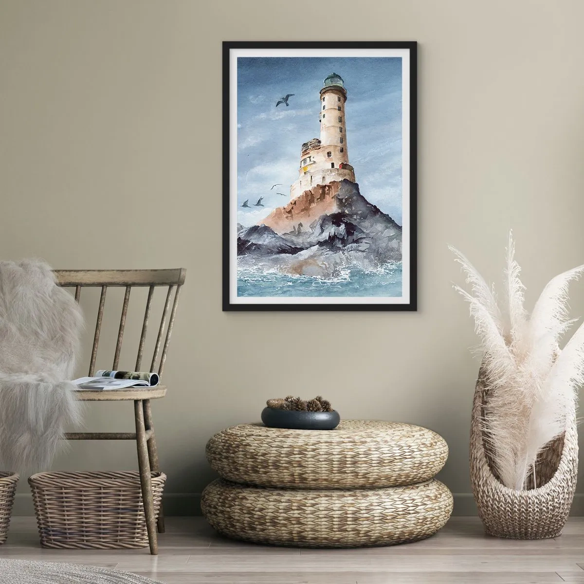 Plagát v čiernom ráme - Akvarelová maľba majáka na skalnatom pobreží - 50x70cm - Nepremožiteľná - Moderná nástenná dekorácia do obývacej izby a spálne ARTTOR