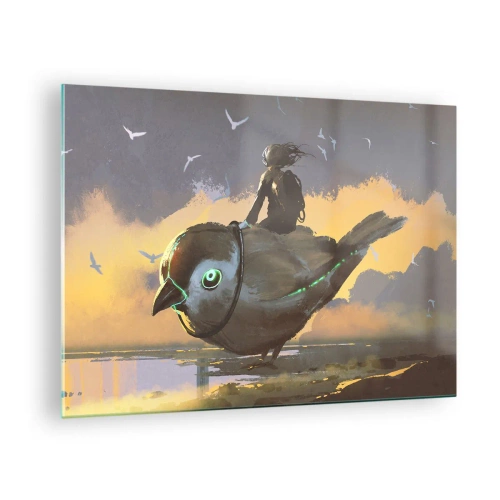 Obraz na skle - Postava na obrovskom vtákovi vo svetle zapadajúceho slnka - 70x50cm - Zastávka na fantastickej ceste - Moderná nástenná dekorácia do obývacej izby a spálne ARTTOR