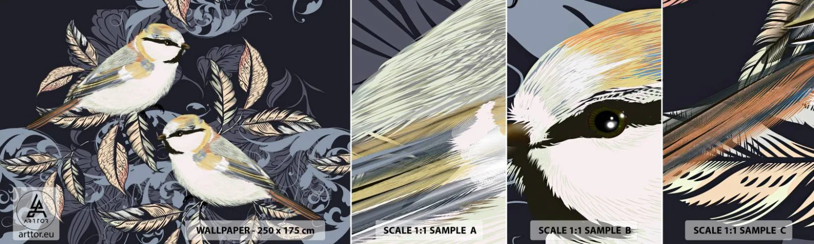 Vzorka samolepiacej fototapety Deluxe Sticker - Žltomodrá pieseň - Abstrakcia, Vtáky, Listy - 100x30 cm