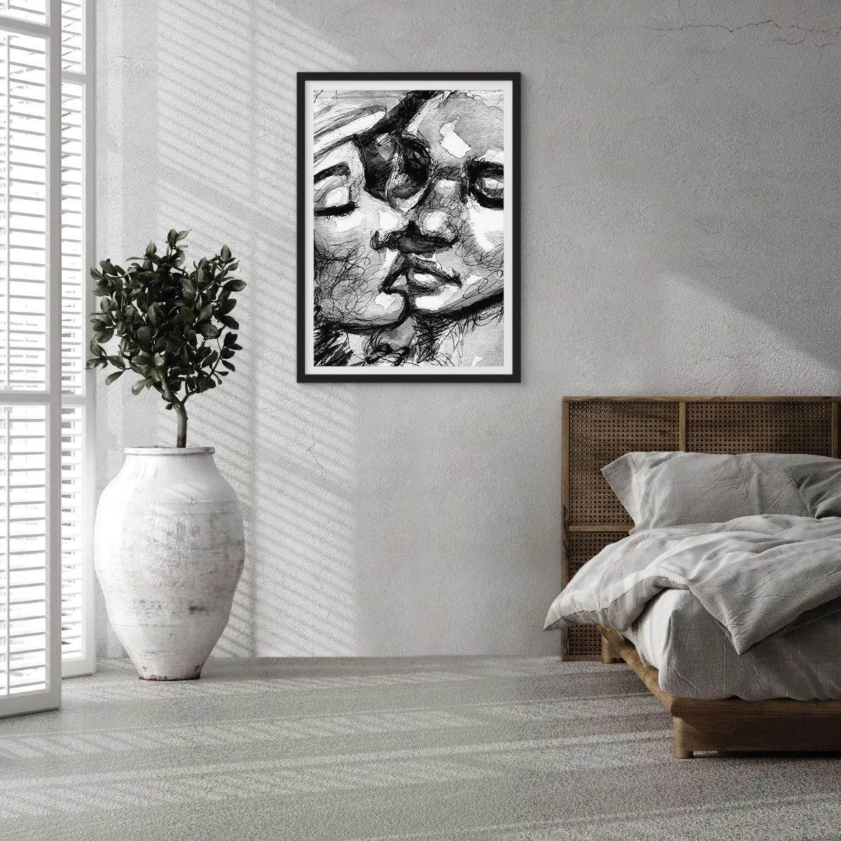 Plagát v čiernom ráme - Abstraktný čiernobiely portrét bozku - 50x70cm - Nežný okamih - Moderná nástenná dekorácia do obývacej izby a spálne ARTTOR