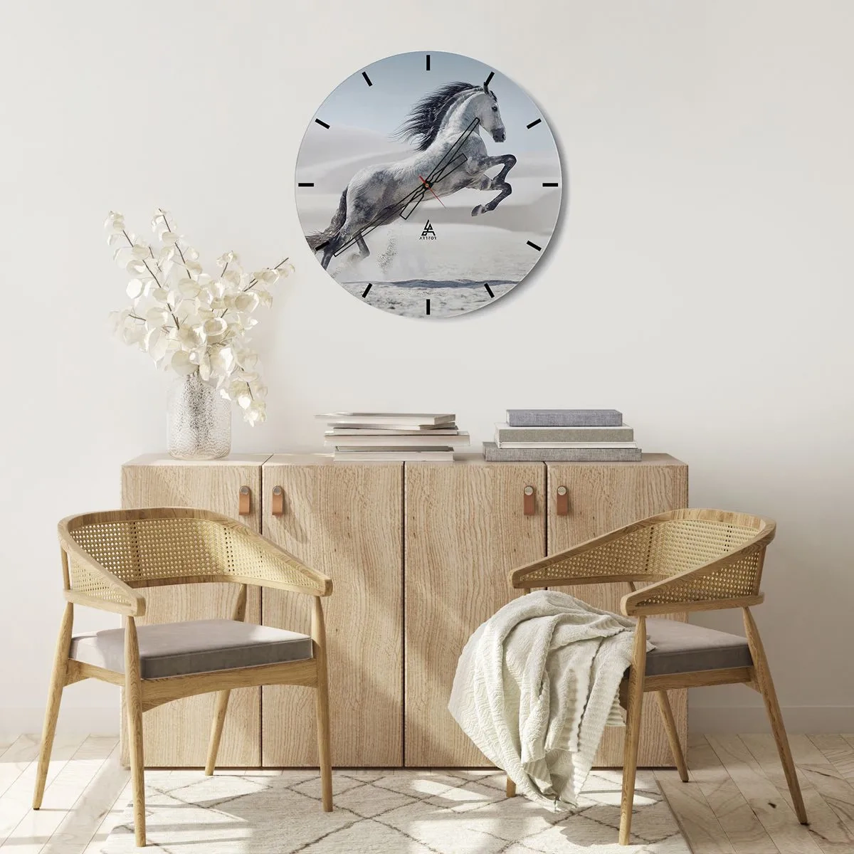 Nástenné hodiny - Skákajúci arabský kôň na púštnom pozadí - 30x30cm - Arabské knieža - Moderná nástenná dekorácia do obývacej izby, kuchyne a spálne ARTTOR
