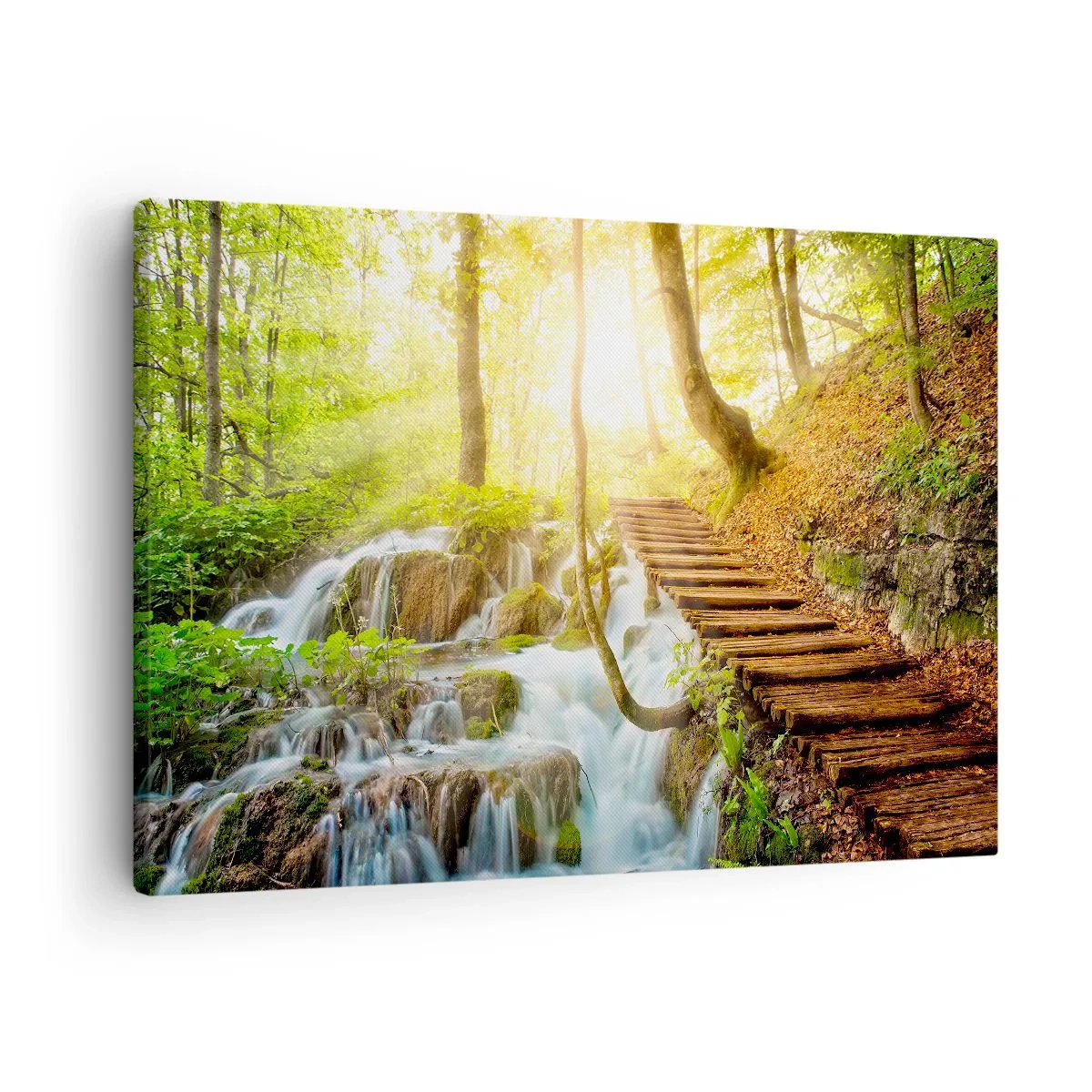 Obraz na plátne - Lesný chodník s drevenými schodmi pri vodopáde - 70x50cm - Vytúžený chlad - Moderná nástenná dekorácia do obývacej izby a spálne ARTTOR