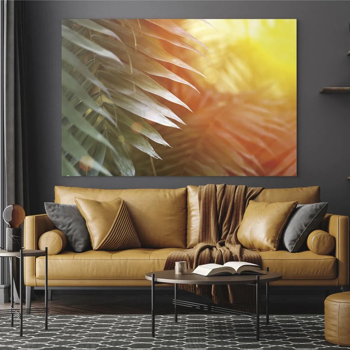 Obraz na skle - Palmové listy v žiari ranného slnka v tropickom prostredí - 70x50cm - Ráno v džungli - Moderná nástenná dekorácia do obývacej izby a spálne ARTTOR