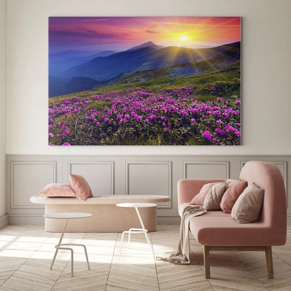 Obraz na skle - Kvetinové lúky v horách pri východe slnka - 70x50cm - …A okolo vonia kosodrevina a voňajú byliny - Moderná nástenná dekorácia do obývacej izby a spálne ARTTOR