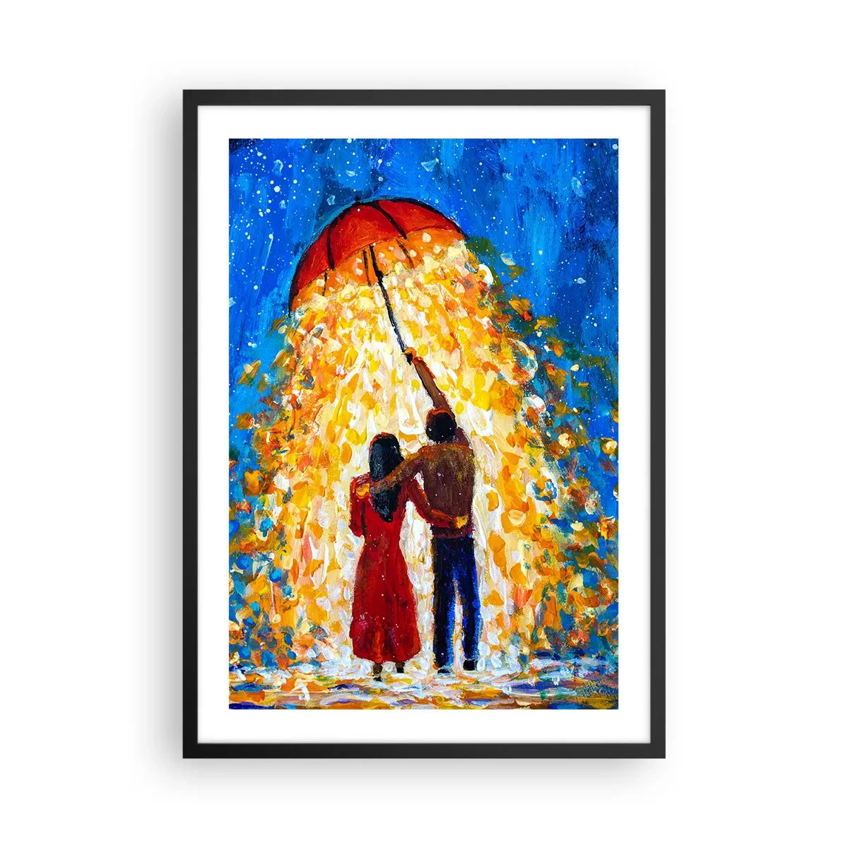 Plagát v čiernom ráme - Romantický pár pod slnečníkom plným svetla - 50x70cm - Mágia daždivého večera? - Moderná nástenná dekorácia do obývacej izby a spálne ARTTOR