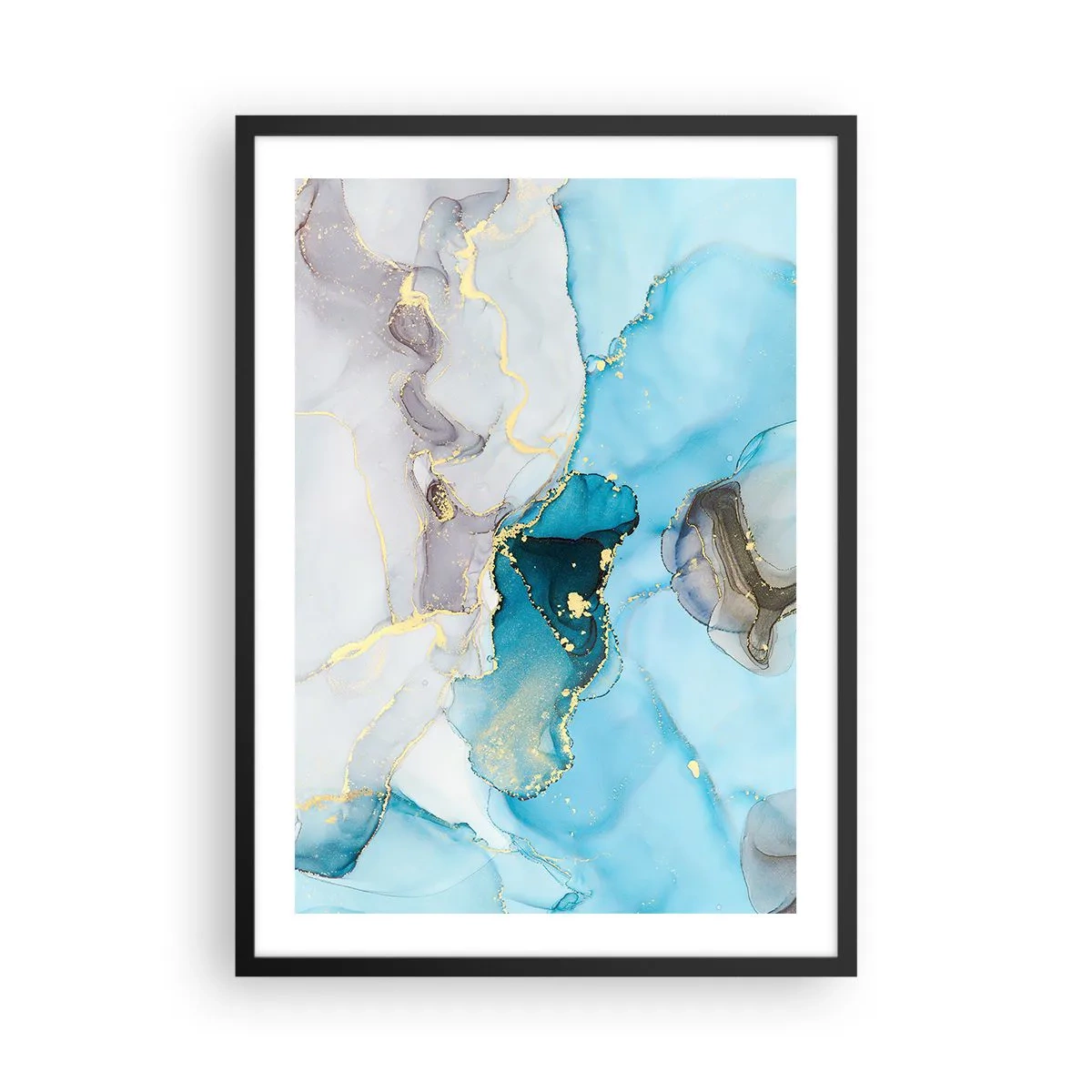 Plagát v čiernom ráme - Abstraktná kompozícia v odtieňoch modrej s jemnými zlatými akcentmi. - 50x70cm - Štúdia o stretnutí šedej a tyrkysovej - Moderná nástenná dekorácia do obývacej izby a spálne ARTTOR