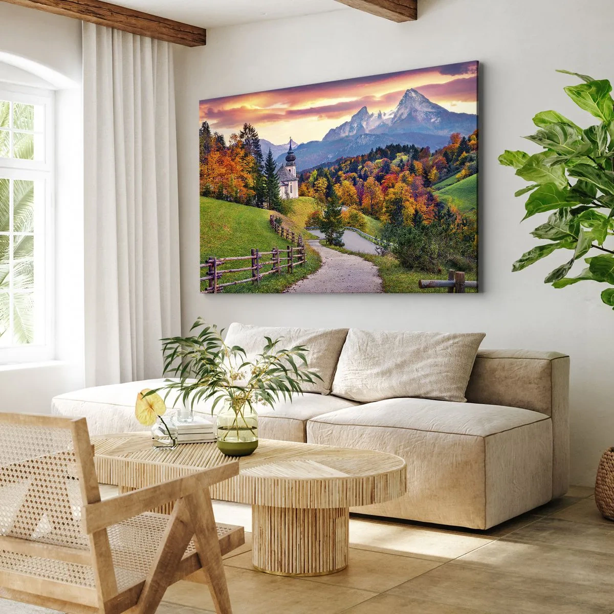 Obraz na plátne - Jesenná horská scenéria s kaplnkou a západom slnka - 70x50cm - Úplne ideálna krajina - Moderná nástenná dekorácia do obývacej izby a spálne ARTTOR