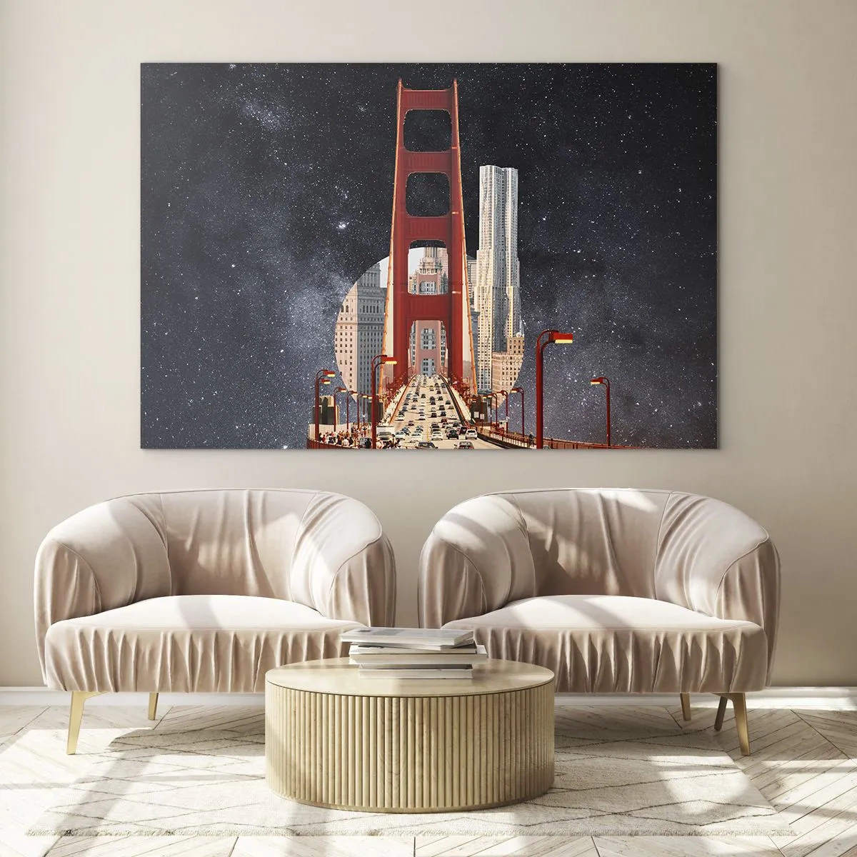 Obraz na skle - Most a mrakodrapy na surrealistickom pozadí galaxie - 70x50cm - Vždy v centre - Moderná nástenná dekorácia do obývacej izby a spálne ARTTOR