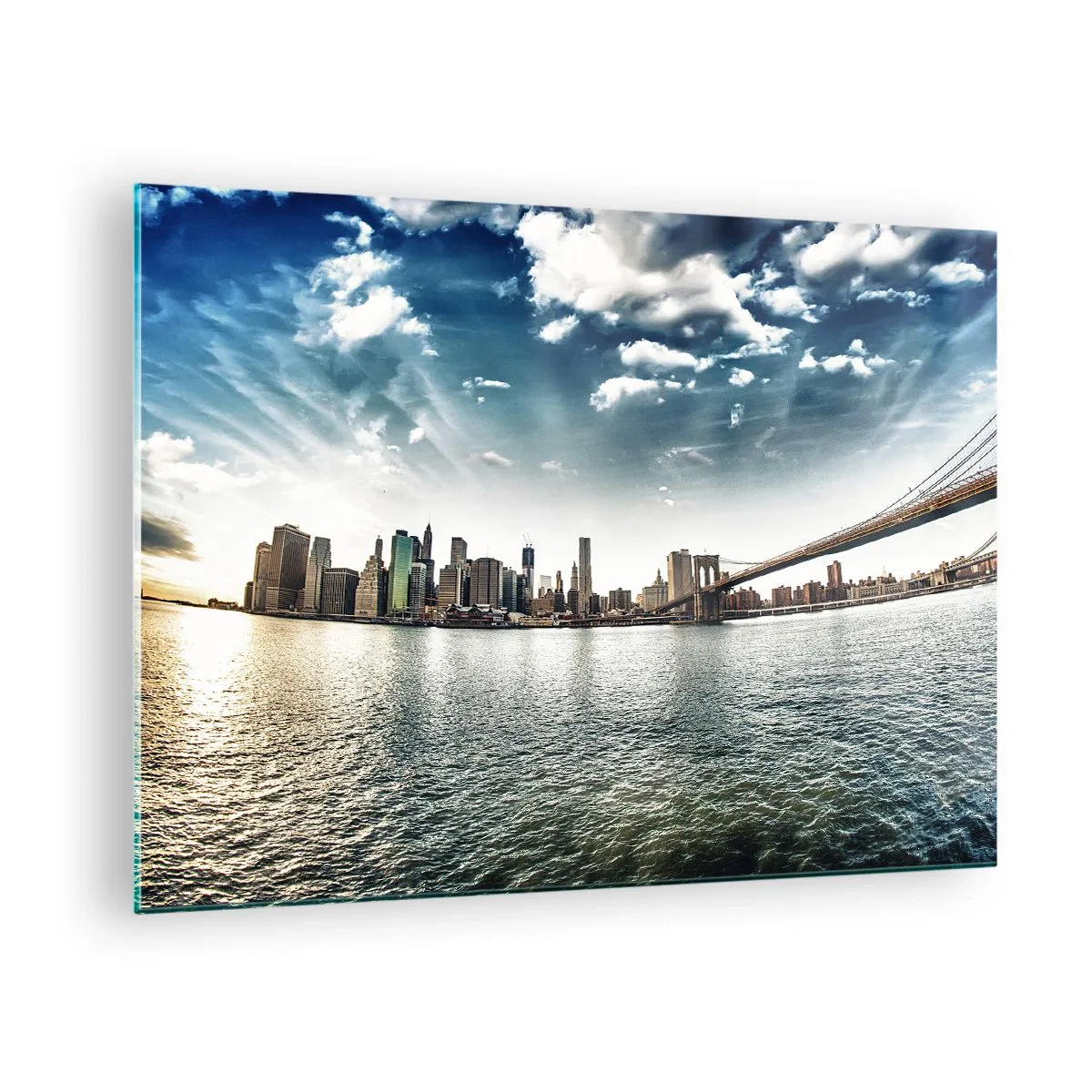 Obraz na skle - Panoráma New Yorku s Brooklynským mostom - 70x50cm - Sklenený ostrov - Moderná nástenná dekorácia do obývacej izby a spálne ARTTOR