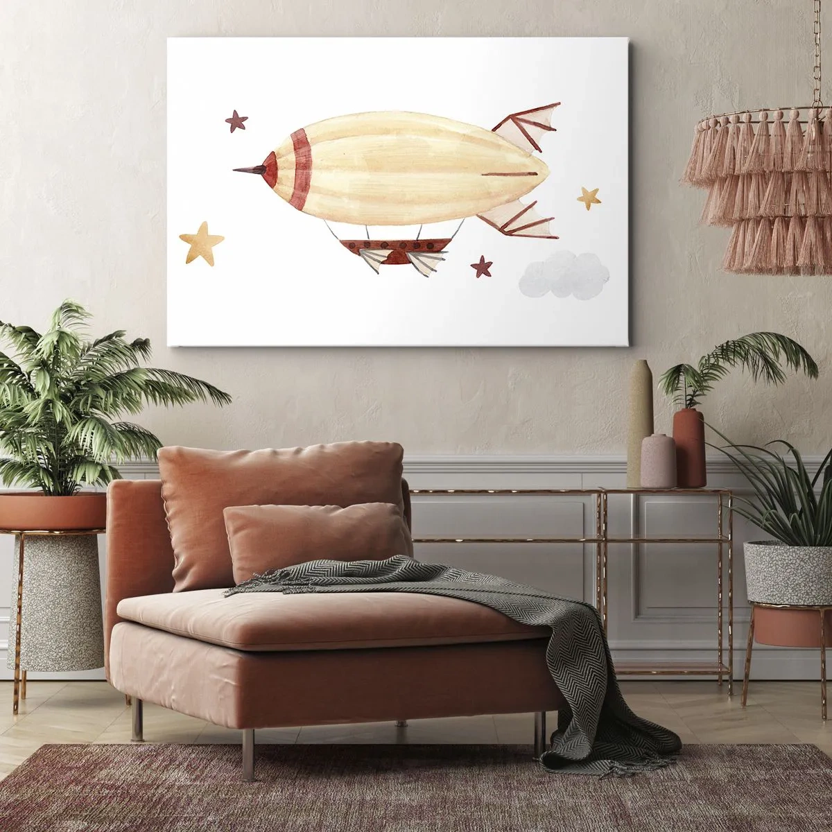 Obraz na plátne - Ručne maľovaná vzducholoď na pozadí hviezd - 70x50cm - Vzducholoď - Moderná nástenná dekorácia do obývacej izby a spálne ARTTOR