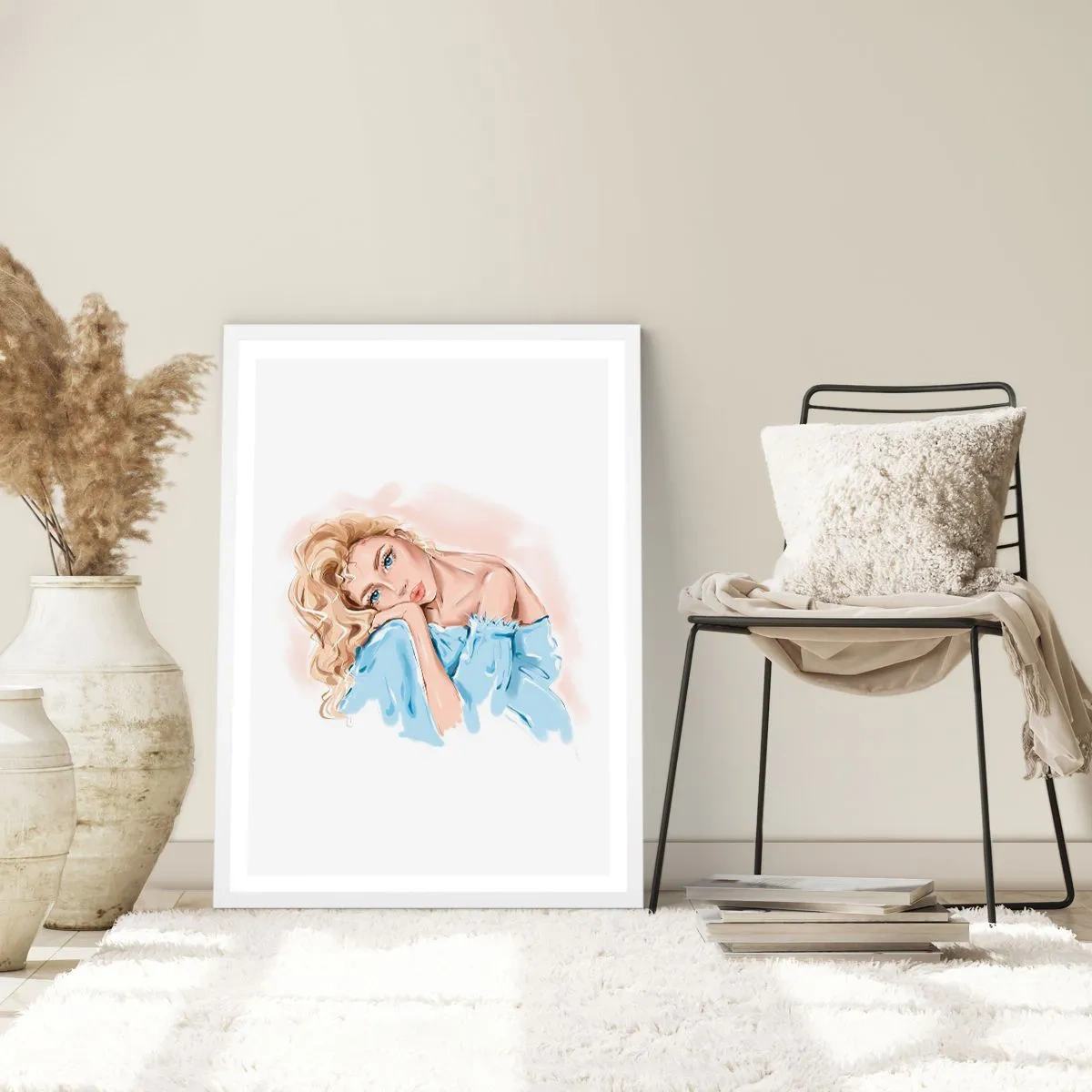 Plagát v bielom ráme - Zasnená v modrej - 40x50 cm