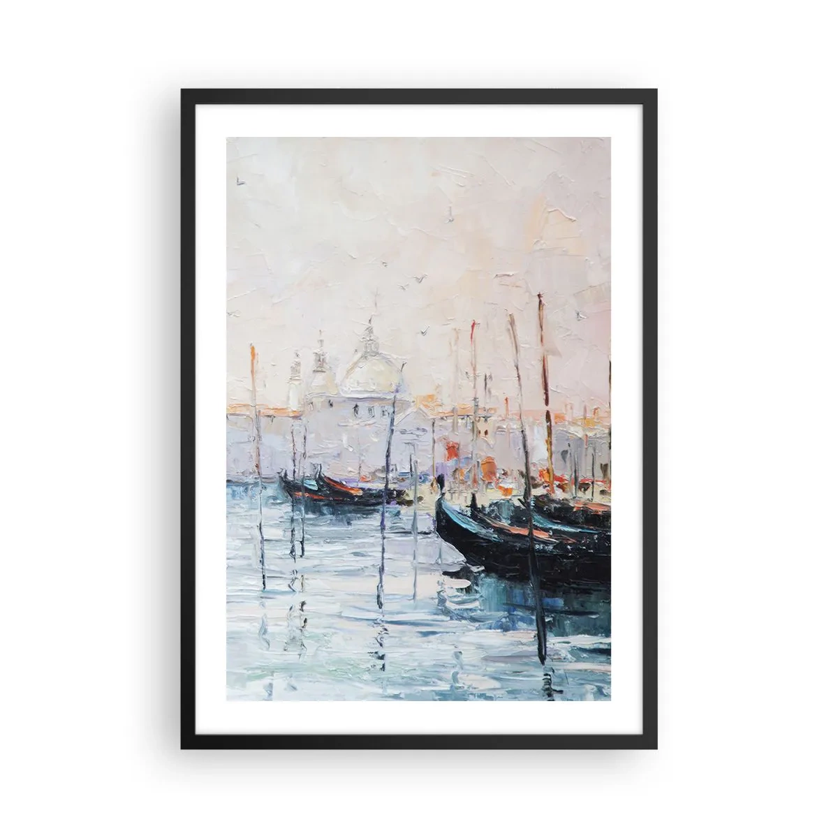 Plagát v čiernom ráme - Benátky s gondolami v impresionistickom maliarskom štýle - 50x70cm - Za vodou, za hmlou - Moderná nástenná dekorácia do obývacej izby a spálne ARTTOR