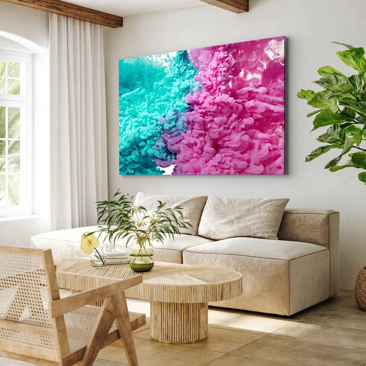 Obraz na plátne - Farebné vlny tyrkysovej a ružovej v abstraktnej podobe - 70x50cm - Rozhodujúci stret - Moderná nástenná dekorácia do obývacej izby a spálne ARTTOR