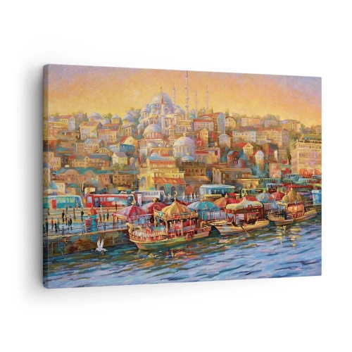 Obraz na plátne - Malebná panoráma Istanbulu s výhľadom na záliv a mesto - 70x50cm - Istanbulský príbeh - Moderná nástenná dekorácia do obývacej izby a spálne ARTTOR