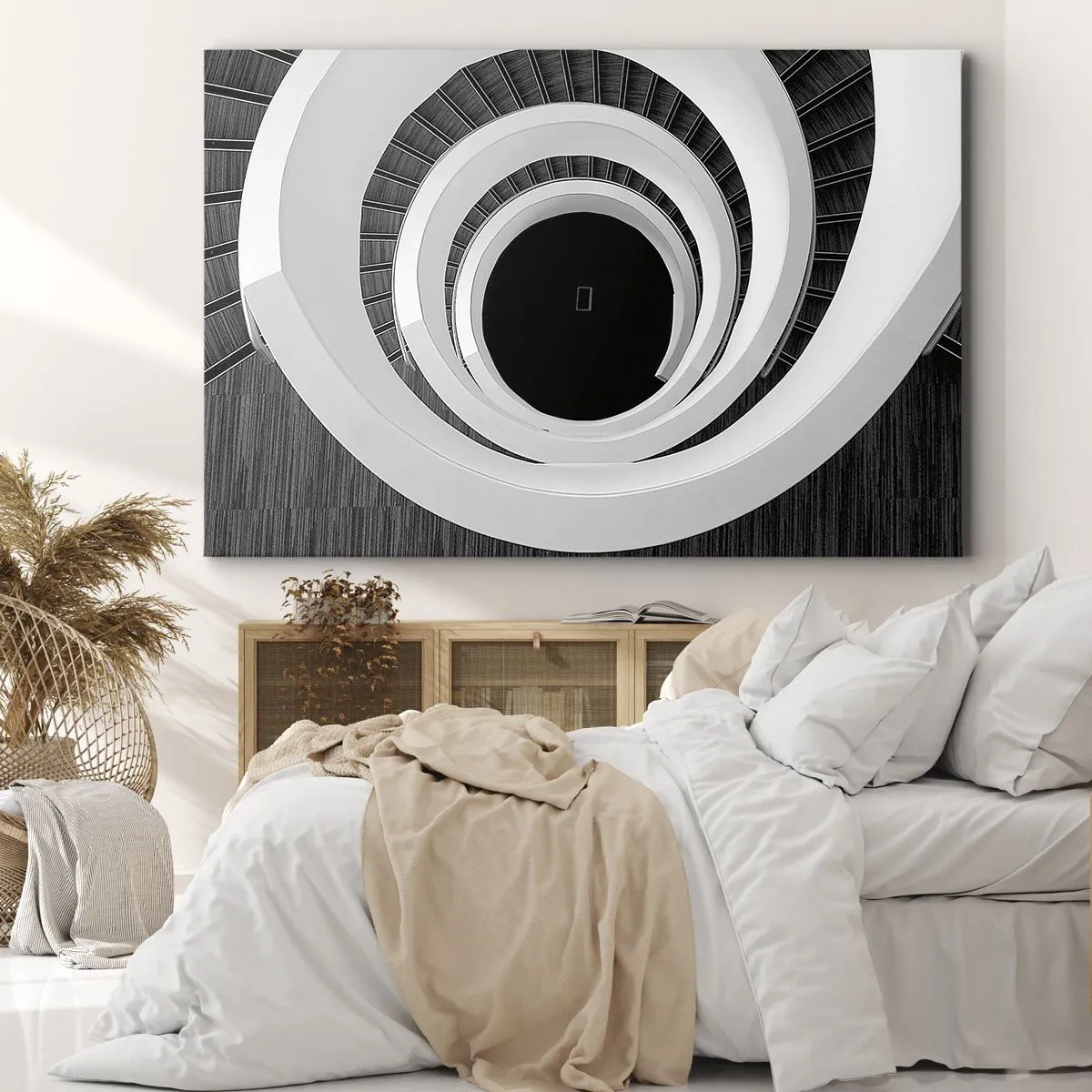 Obraz na plátne - Čiernobiele točité schodisko v modernom štýle - 70x50cm - K podstate vecí - Moderná nástenná dekorácia do obývacej izby a spálne ARTTOR