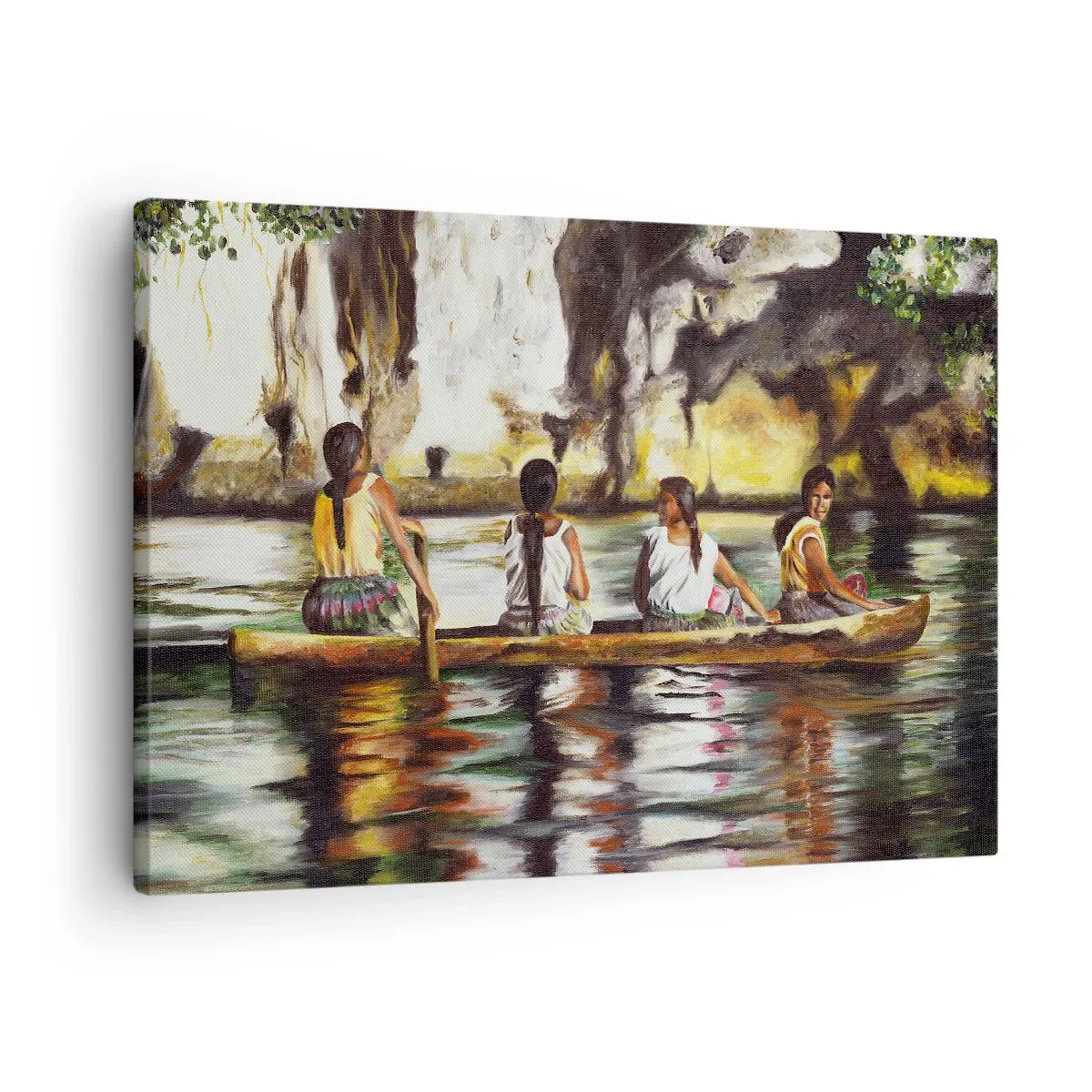 Obraz na plátne - Ženy v člne na pokojnej rieke s malebným pozadím - 70x50cm - V polynézskom raji - Moderná nástenná dekorácia do obývacej izby a spálne ARTTOR