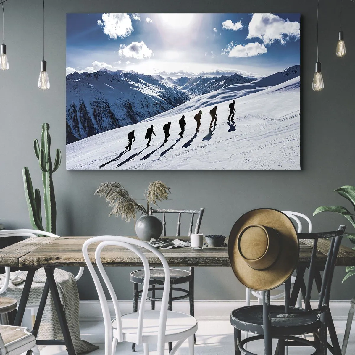 Obraz na plátne - Skupina horolezcov stúpajúcich po zasneženom svahu - 70x50cm - Tím dobývateľov - Moderná nástenná dekorácia do obývacej izby a spálne ARTTOR