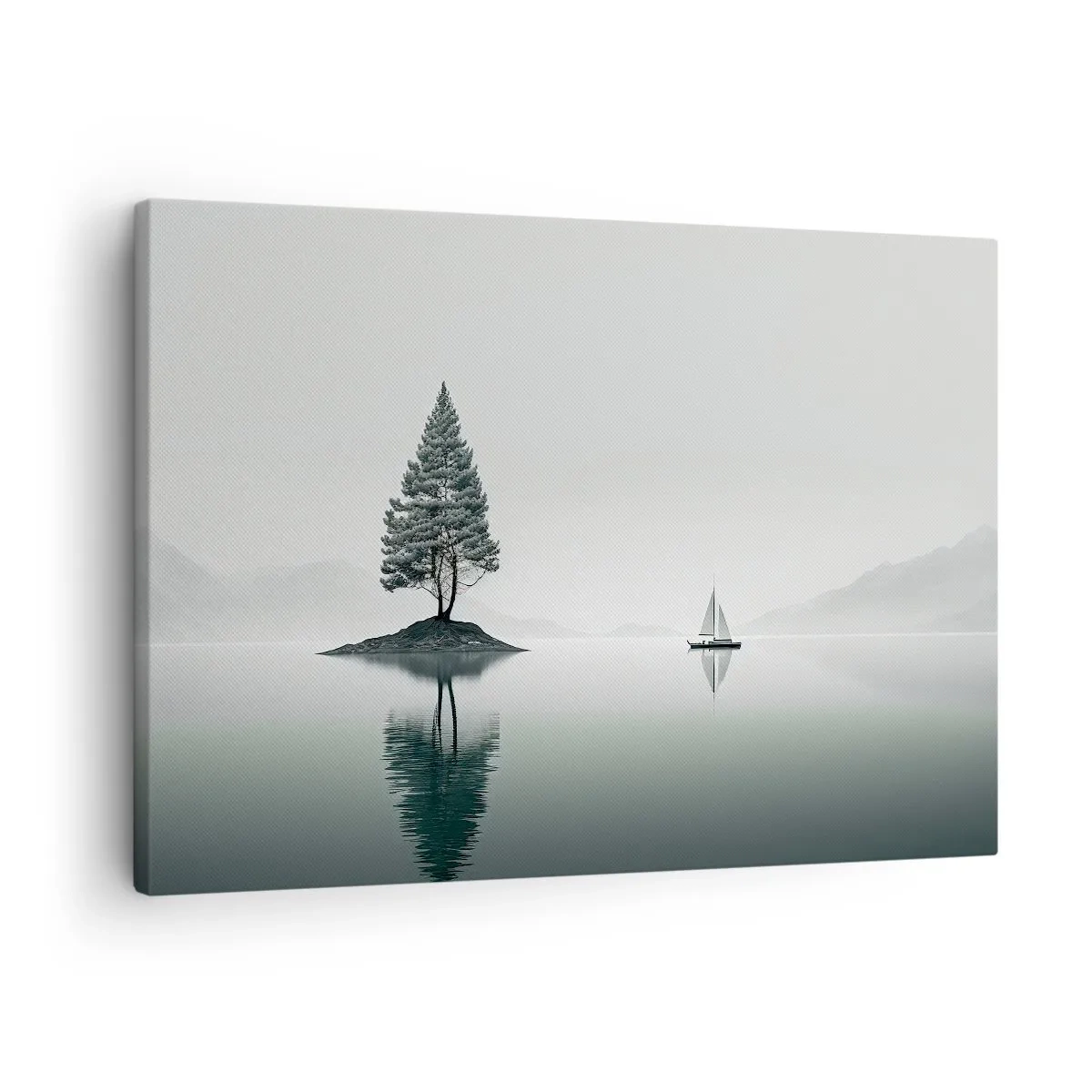 Obraz na plátne - Minimalistická krajina so stromom na ostrove a plachetnicou. - 70x50cm - Snívanie - Moderná nástenná dekorácia do obývacej izby a spálne ARTTOR