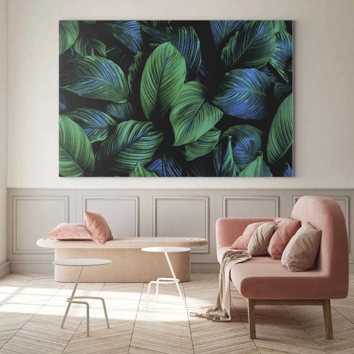 Obraz na skle - Detailný záber listov v intenzívnych odtieňoch zelenej - 70x50cm - V zelenom dave - Moderná nástenná dekorácia do obývacej izby a spálne ARTTOR