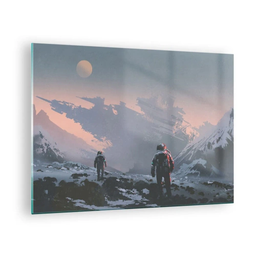 Obraz na skle - Astronauti na cudzej planéte s vrakom lode v pozadí - 70x50cm - Pod neznámou hviezdou - Moderná nástenná dekorácia do obývacej izby a spálne ARTTOR