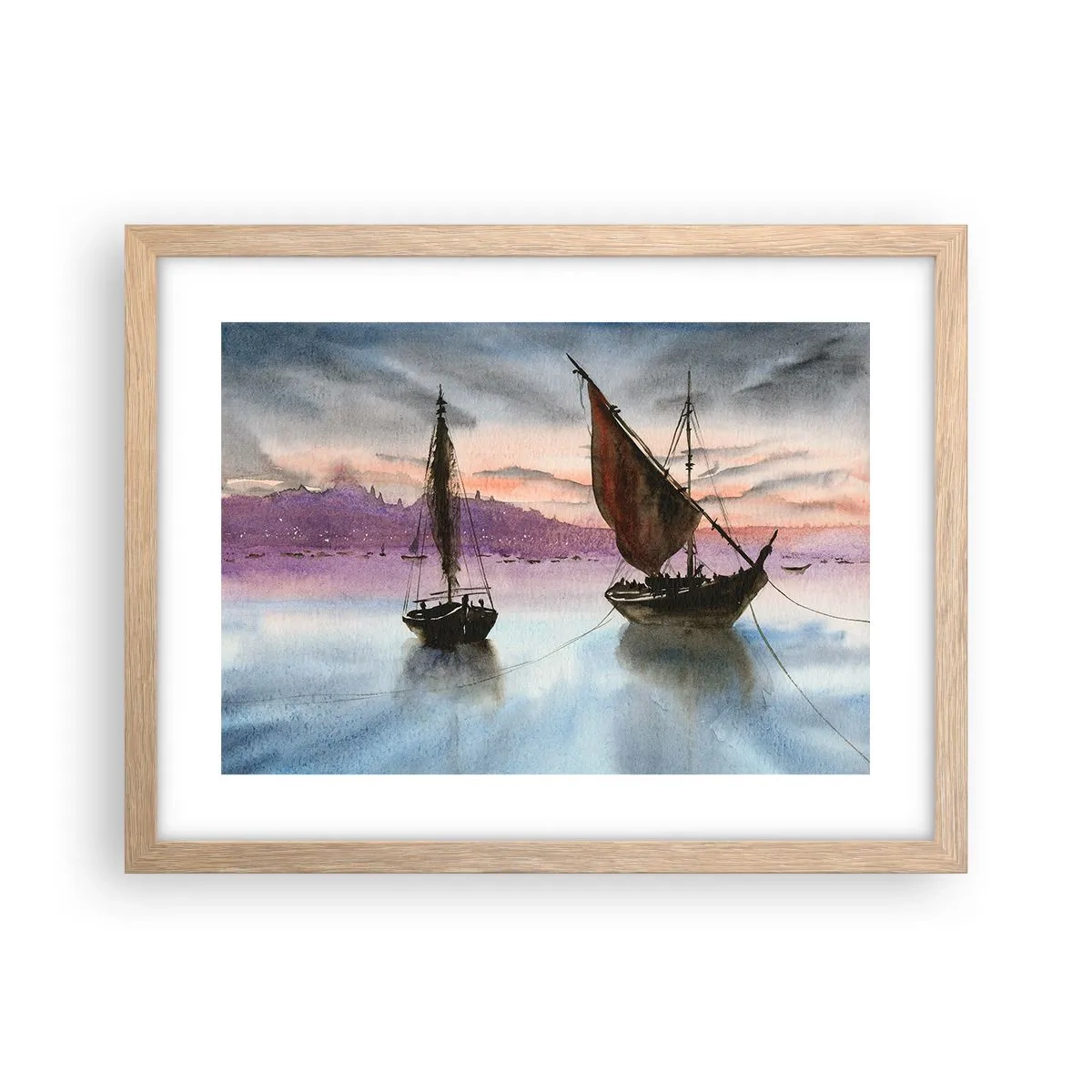 Plagát v ráme zo svetlého duba - Večer v prístave - 40x30 cm