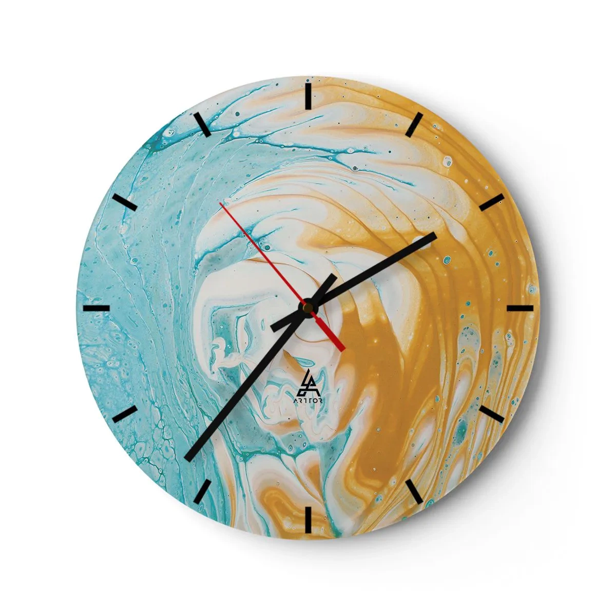 Nástenné hodiny - Abstraktný vír v odtieňoch modrej, bielej a oranžovej. - 30x30cm - Pastelový vír - Moderná nástenná dekorácia do obývacej izby, kuchyne a spálne ARTTOR