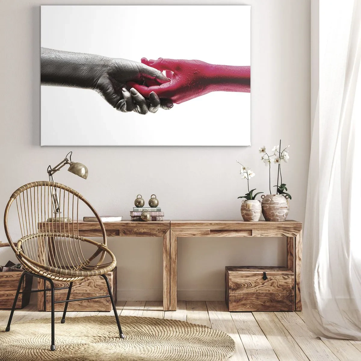 Obraz na plátne - Symbolické ruky v striebornej a červenej farbe - 70x50cm - Spolu aj keď sme odlišní - Moderná nástenná dekorácia do obývacej izby a spálne ARTTOR