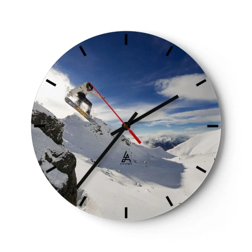 Nástenné hodiny - Snowboardista v akcii s horami v pozadí - 30x30cm - Sloboda bez hraníc - Moderná nástenná dekorácia do obývacej izby, kuchyne a spálne ARTTOR