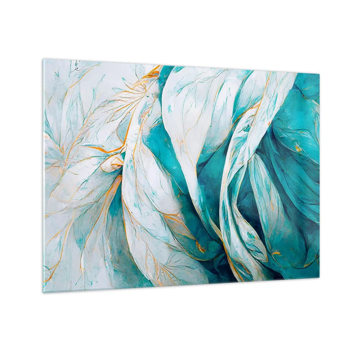 Obraz na skle - Organická abstrakcia v modrých a zlatých líniách - 70x50cm - Modrá abstrakcia so zlatým motívom - Moderná nástenná dekorácia do obývacej izby a spálne ARTTOR