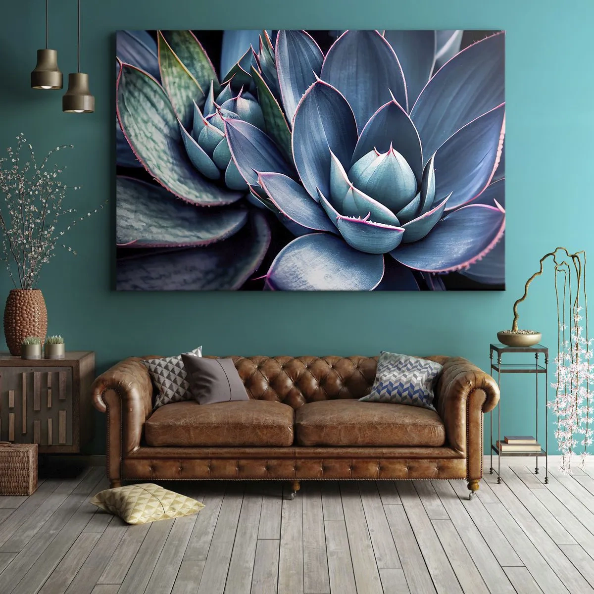 Obraz na plátne - Agáva v odtieňoch modrej a zelenej s ružovými akcentmi - 70x50cm - Vitálna sila - Moderná nástenná dekorácia do obývacej izby a spálne ARTTOR