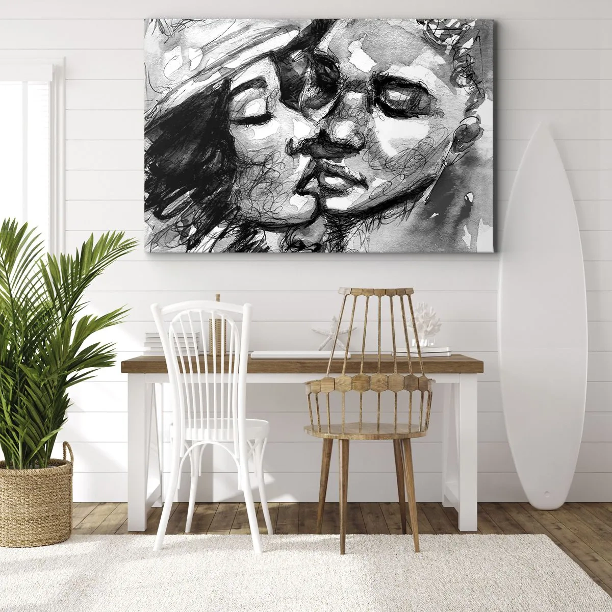 Obraz na plátne - Čiernobiely akvarel zobrazujúci intímny okamih medzi dvoma ľuďmi. - 70x50cm - Nežný okamih - Moderná nástenná dekorácia do obývacej izby a spálne ARTTOR