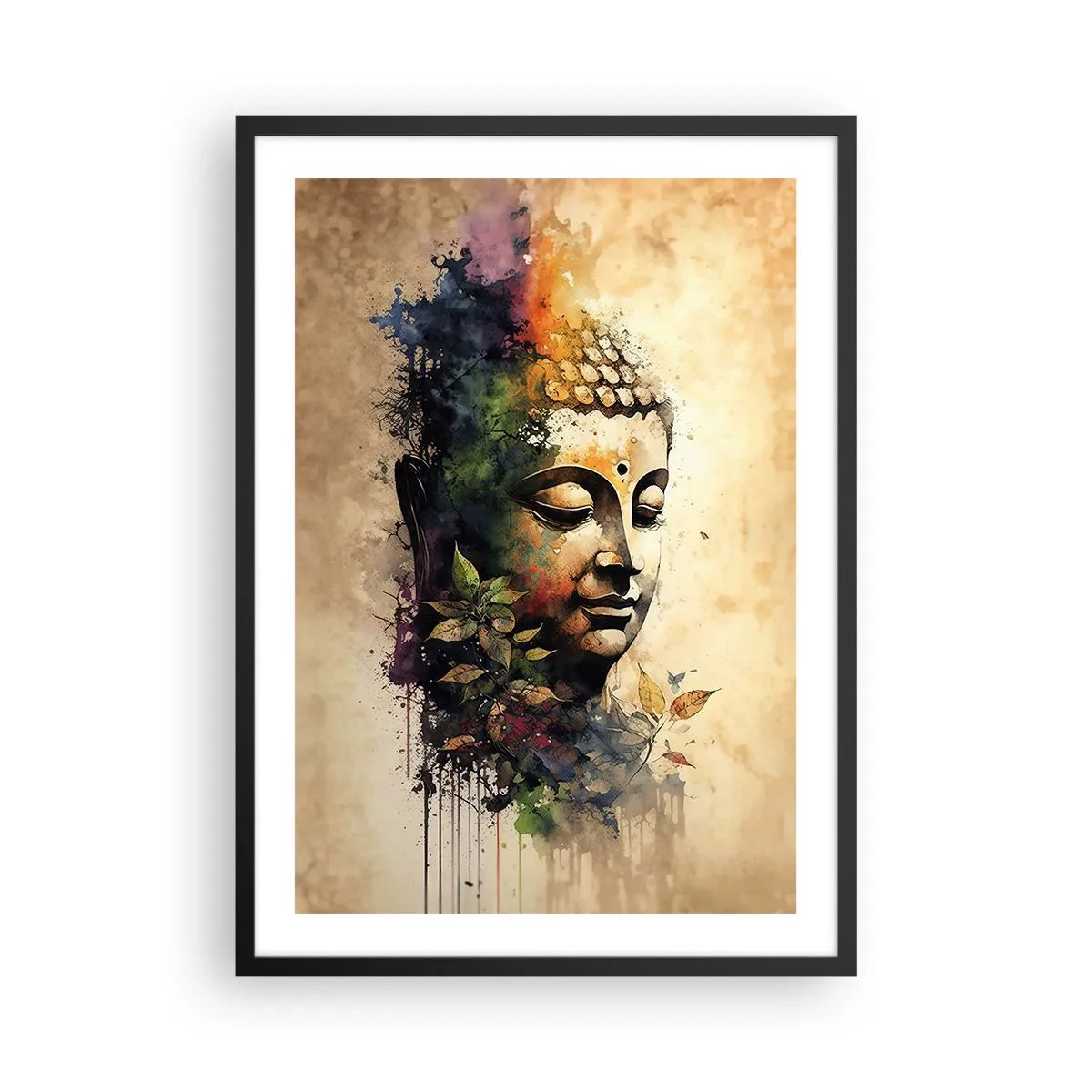 Plagát v čiernom ráme - Farebný portrét Budhu v umeleckom akvarelovom štýle. - 50x70cm - Namaste! - Moderná nástenná dekorácia do obývacej izby a spálne ARTTOR